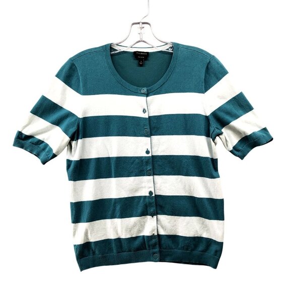 Talbots Pima Cotton Cardigan Womens Small S Short Sleeve Lightweight Stripe - Picture 1 of 8